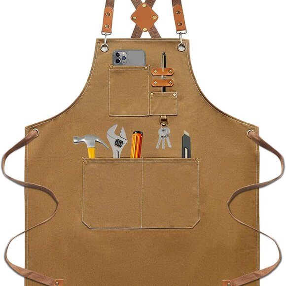 Chef Aprons for Men Women, Cotton Canvas Cross Back Adjustable Apron with Large - Picture 1 of 5